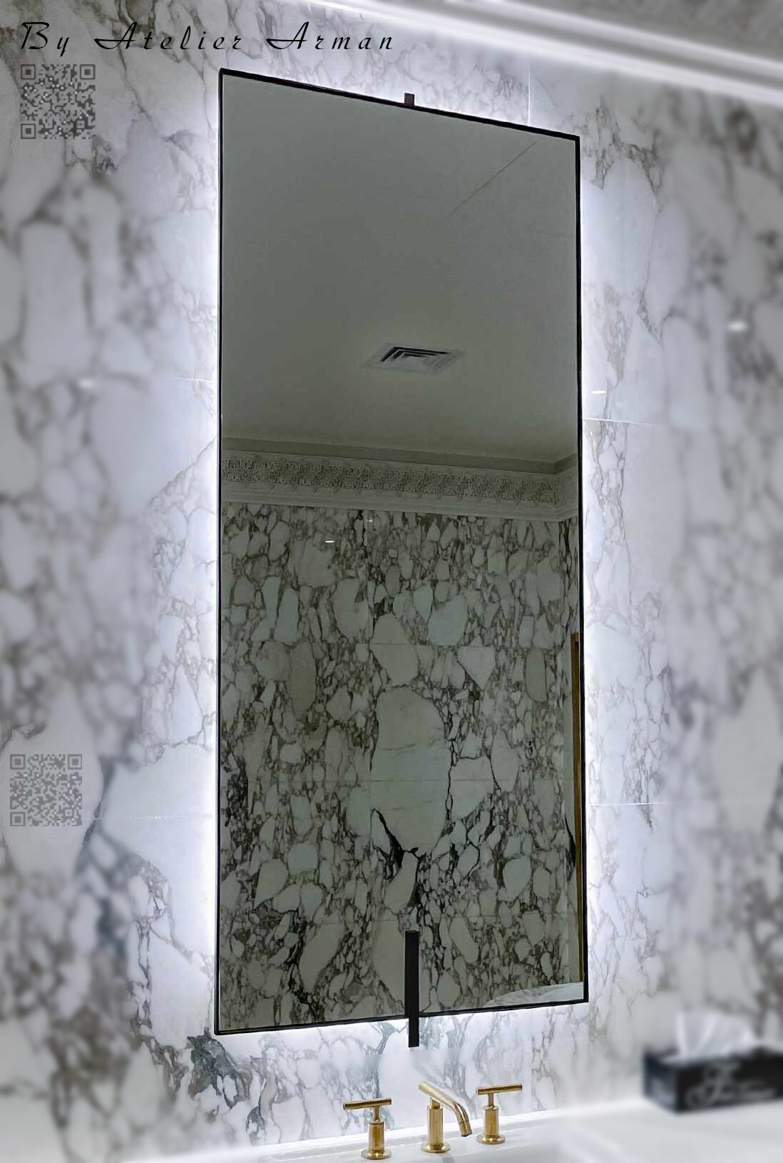 A backlit French-design mirror featuring a dark antique copper finish, a stainless steel frame, and a Belgium mirror, installed in Liwa, Abu Dhabi.